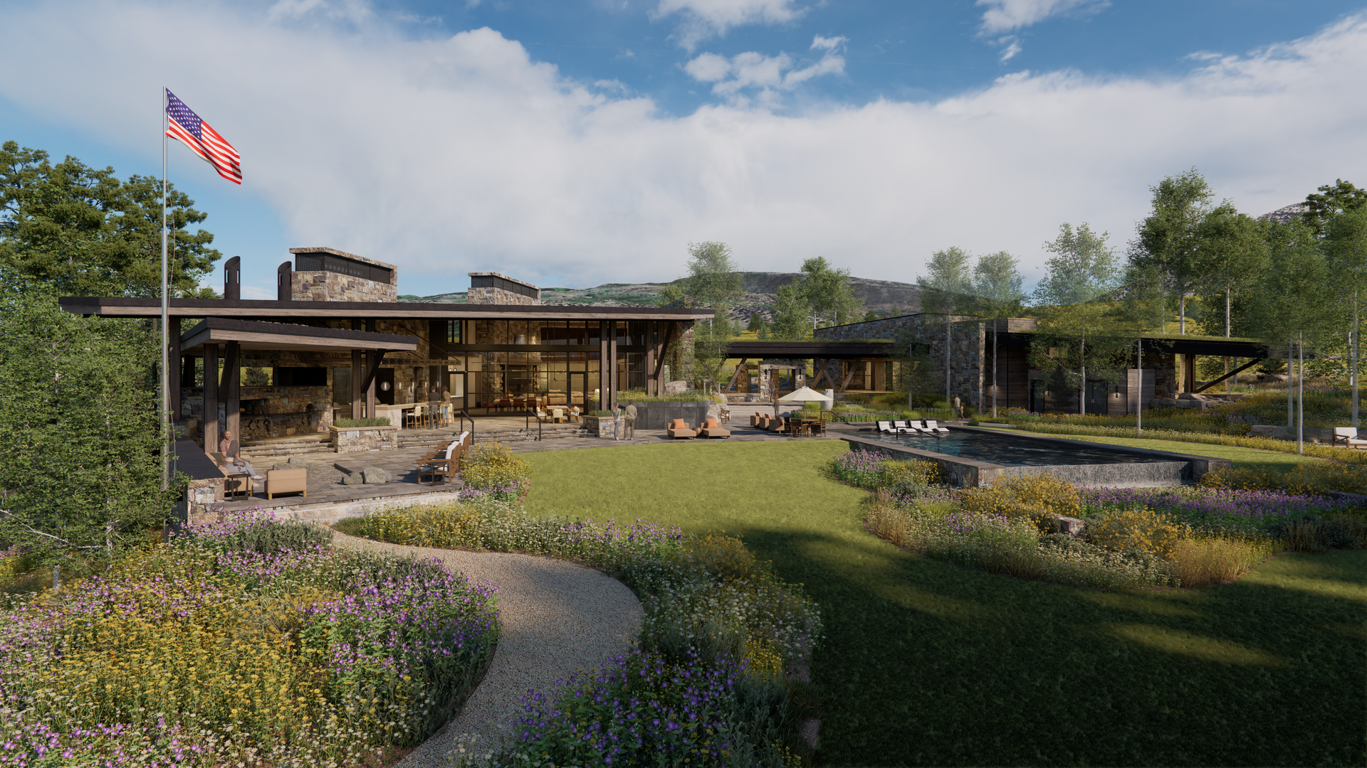 An artist 's impression of a large house with a flag flying in front of it.