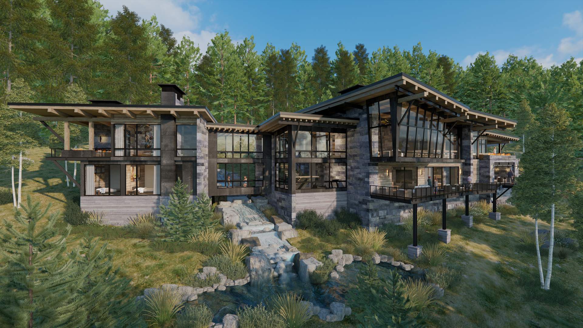 A large house is sitting on top of a hill in the middle of a forest.