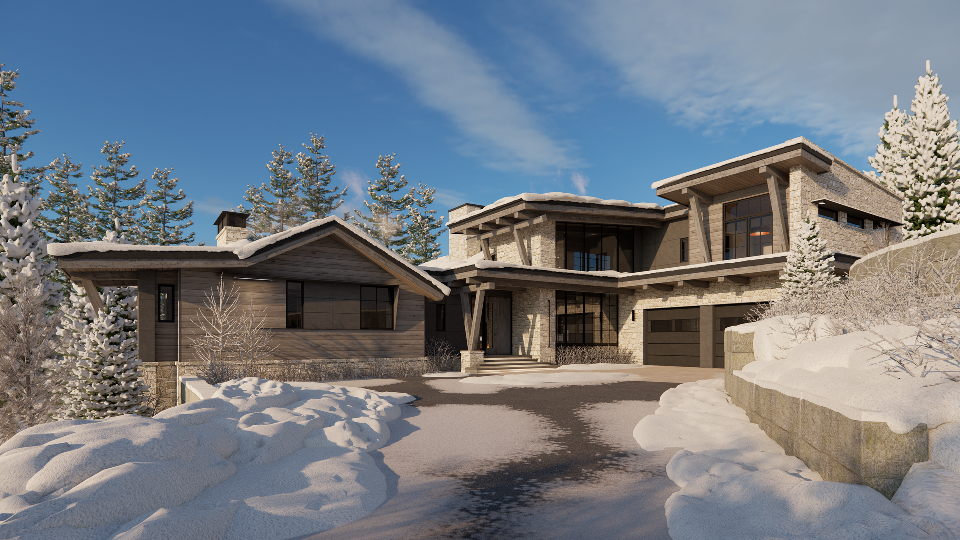 A large house is sitting on top of a snow covered hill.