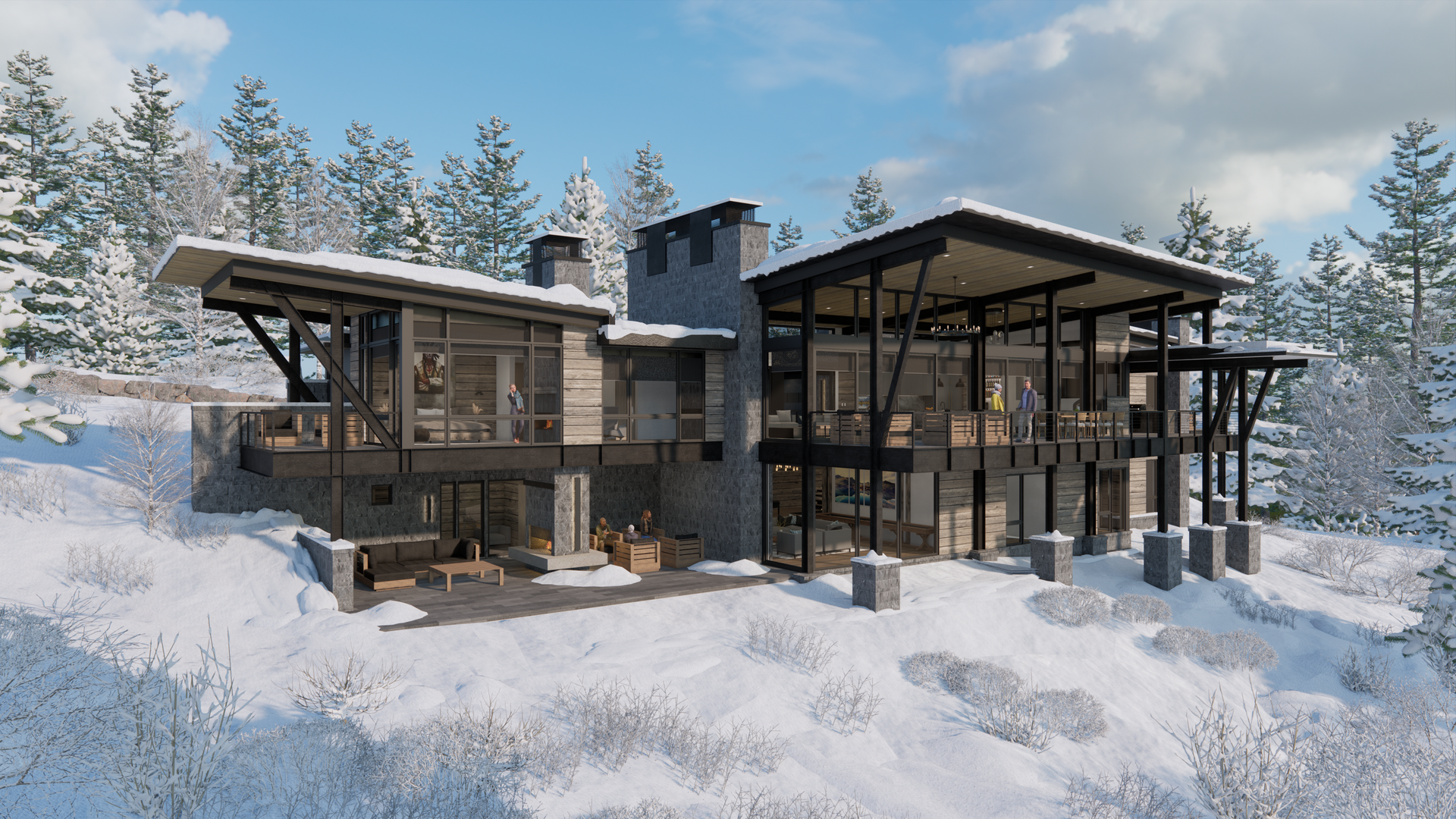 A large house is sitting on top of a snow covered hill.