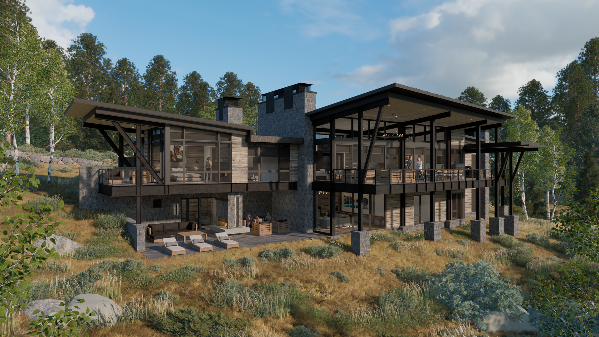 A large house is sitting on top of a hill in the middle of a forest.