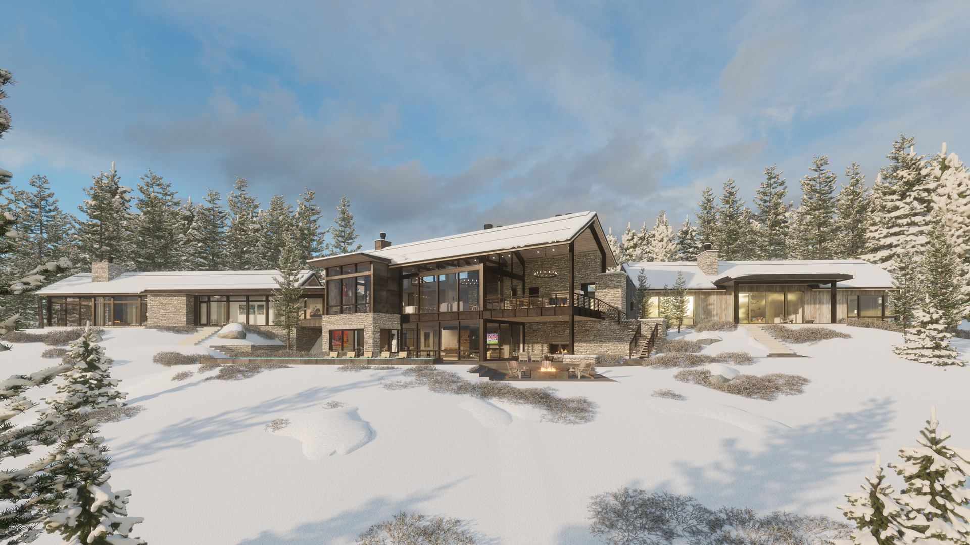 A large house is sitting on top of a snow covered hill surrounded by trees.