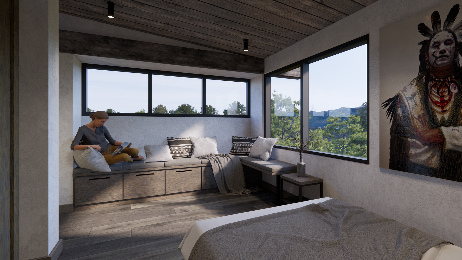 A man is sitting on a bench in a bedroom next to a bed.