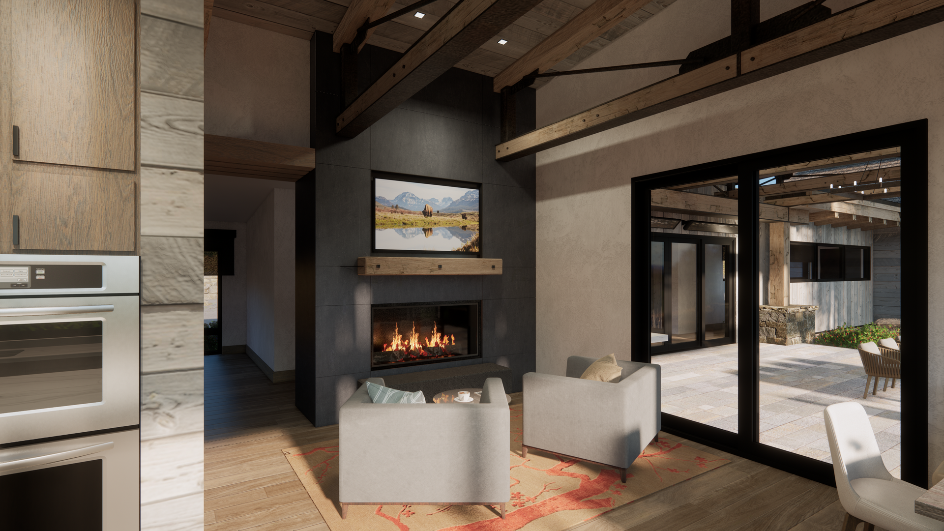 An artist 's impression of a living room with a fireplace and sliding glass doors.