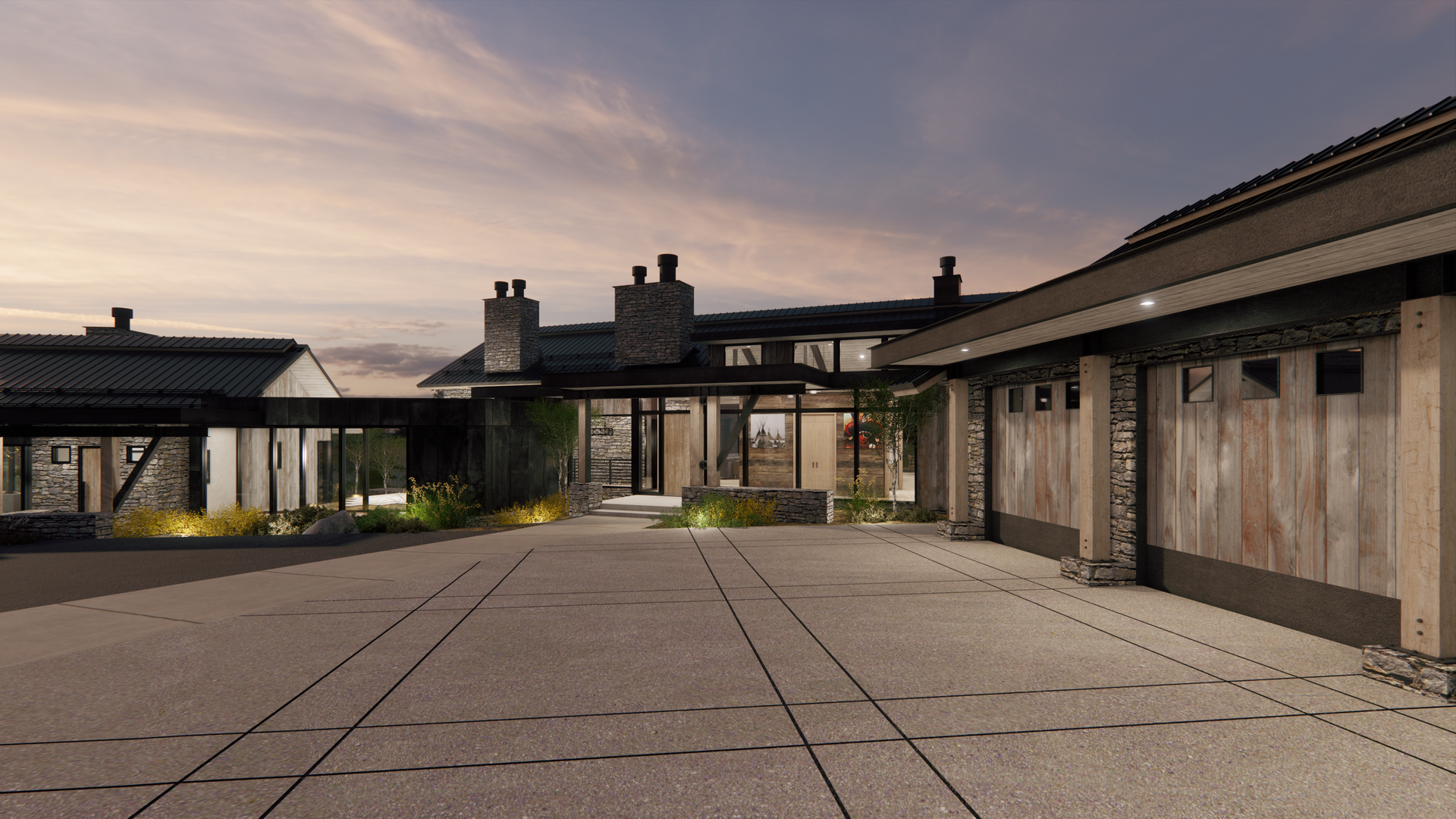 An artist 's impression of a large house with a driveway leading to it.