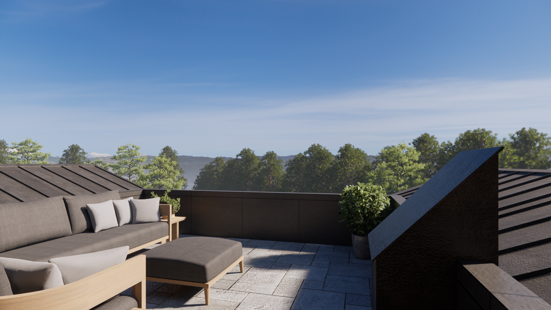 An artist 's impression of a rooftop terrace with a couch and chairs.