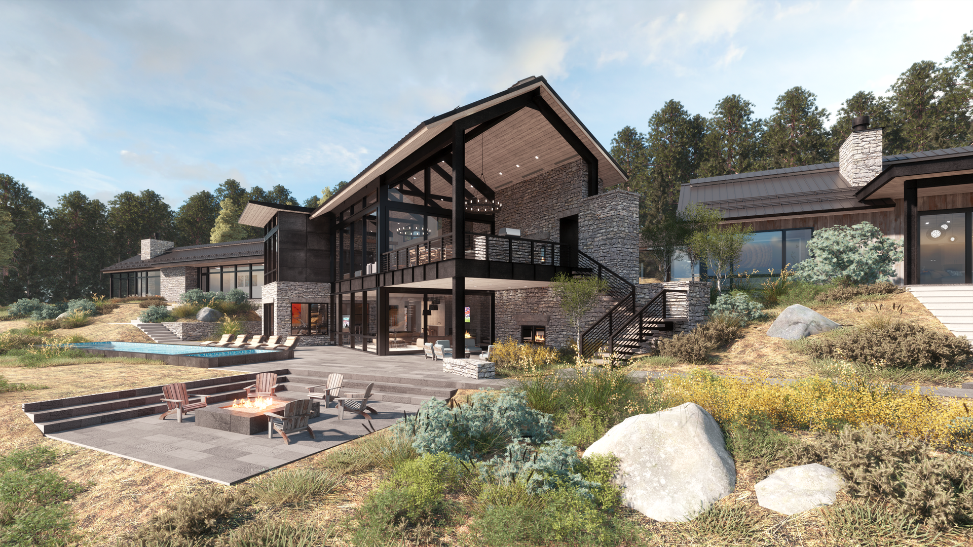 A large house with a fire pit in front of it