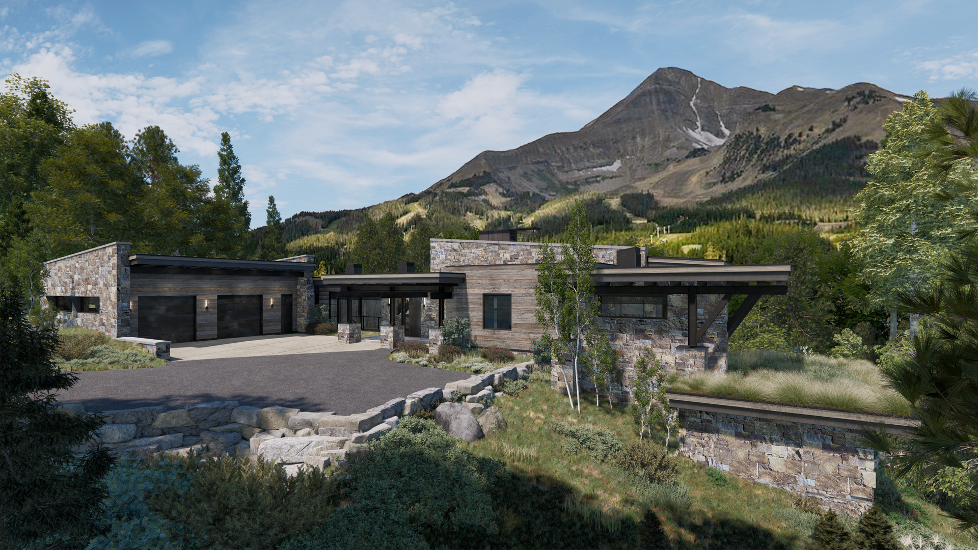 An artist 's impression of a house in the mountains with a mountain in the background.