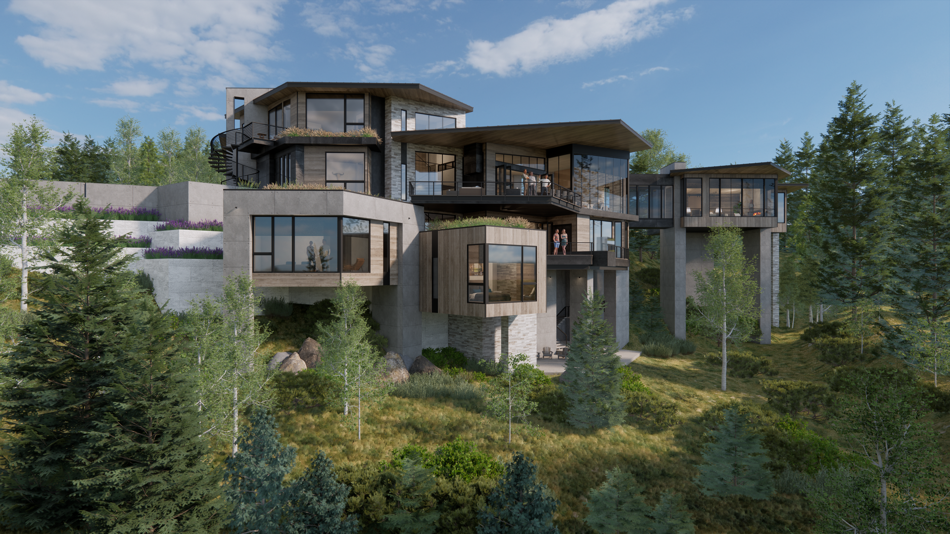 A large house is sitting on top of a hill surrounded by trees.