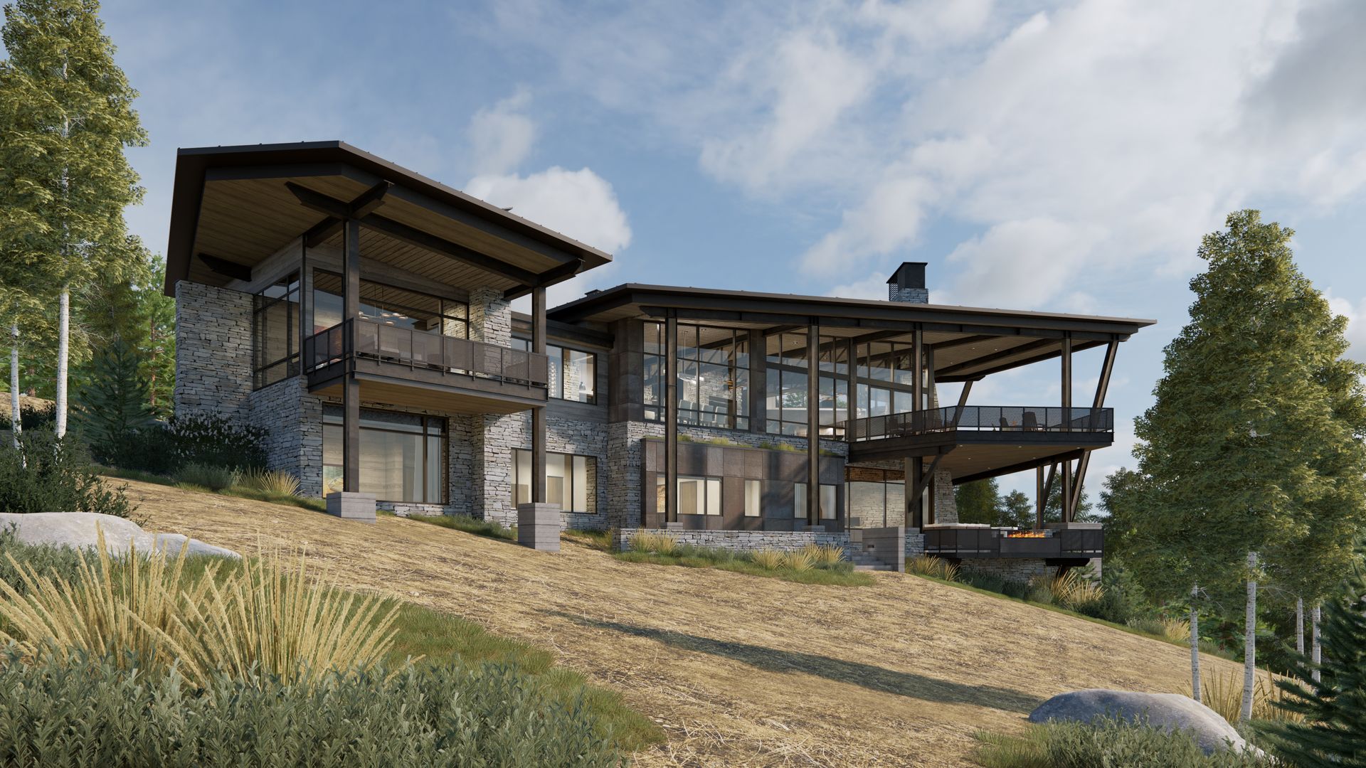 A large house is sitting on top of a hill surrounded by trees.