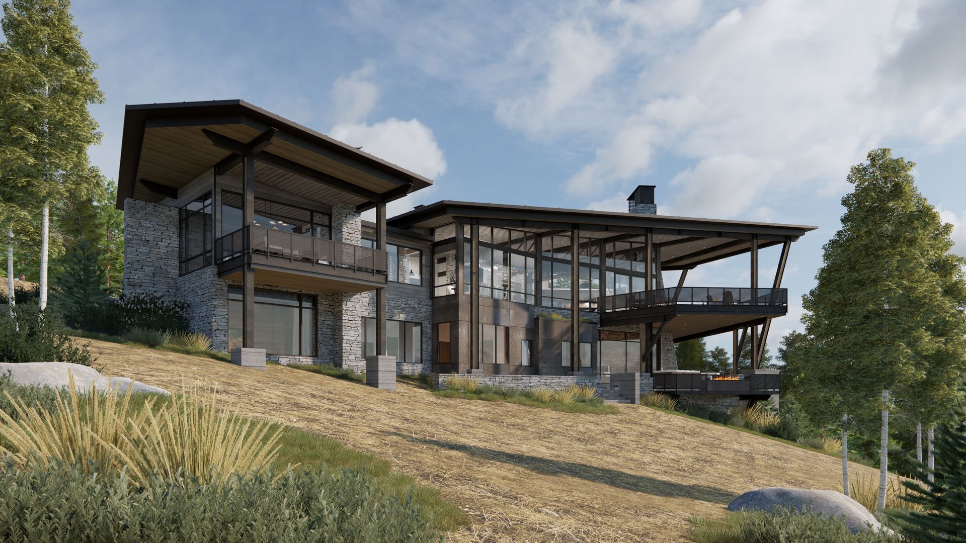 A large house is sitting on top of a hill surrounded by trees.