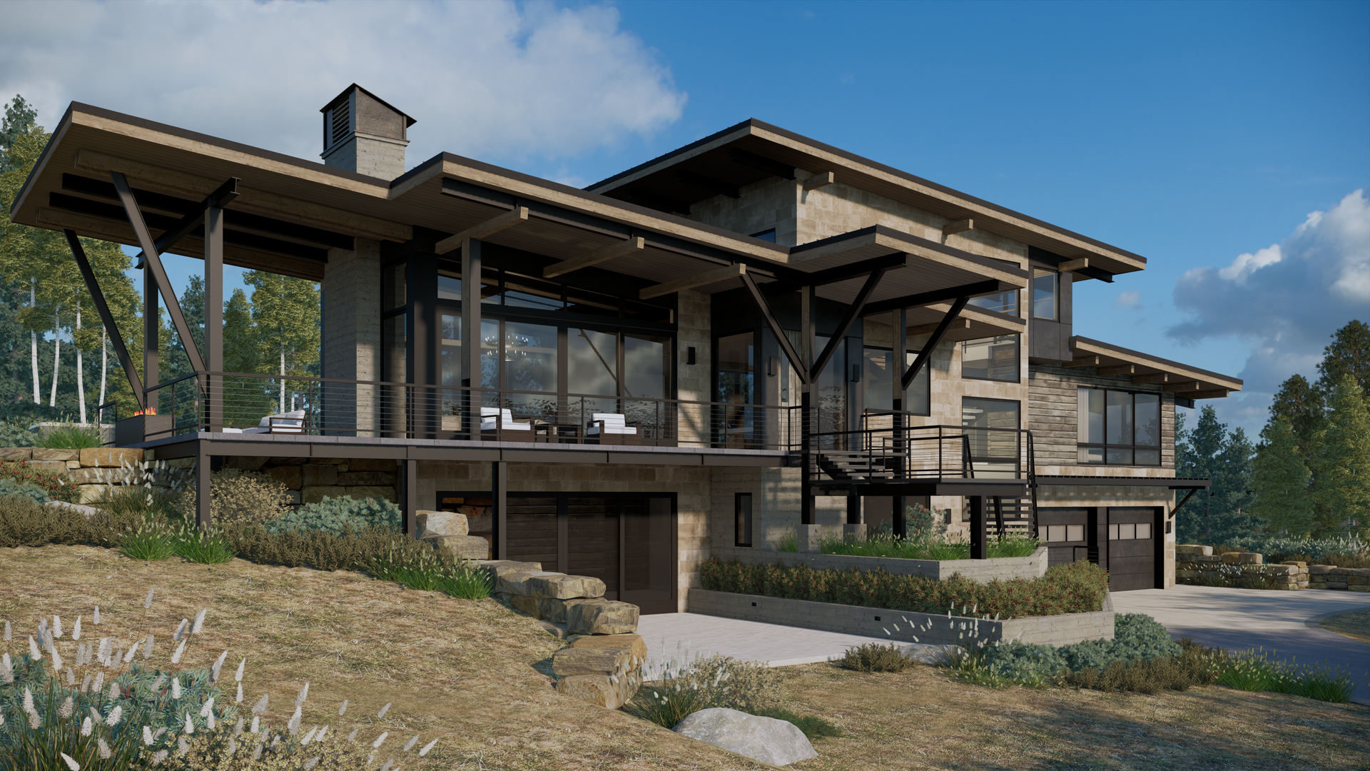 A large house with a lot of windows is sitting on top of a hill.