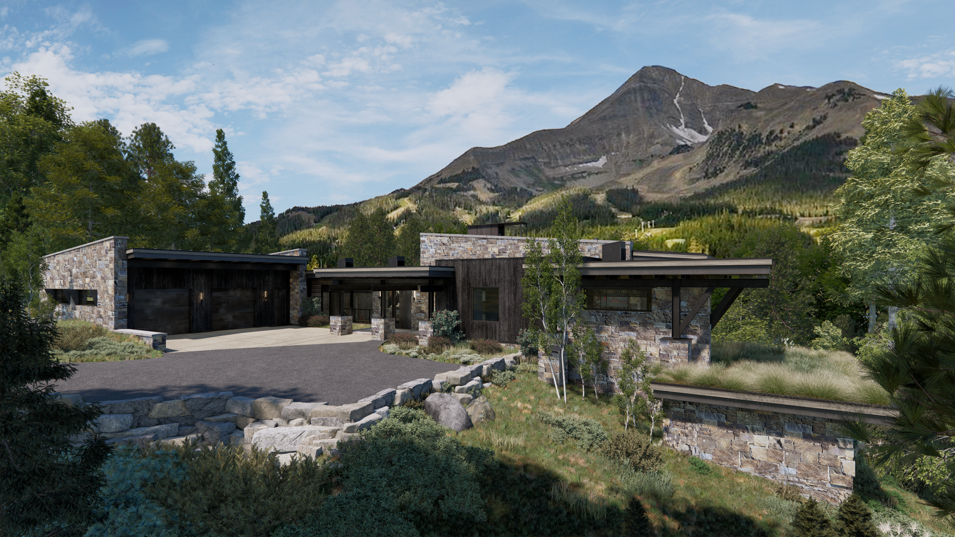 An artist 's impression of a house in the mountains with a mountain in the background.