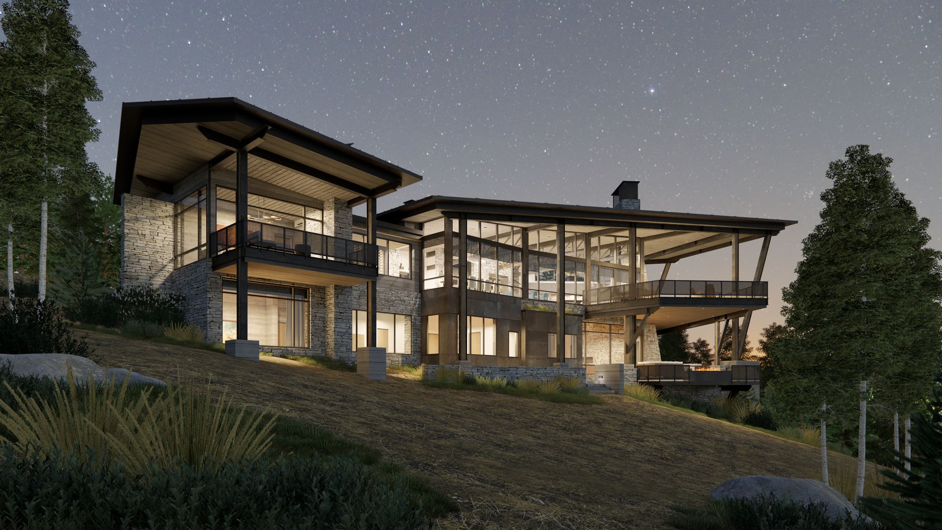 A large house is sitting on top of a hill at night.