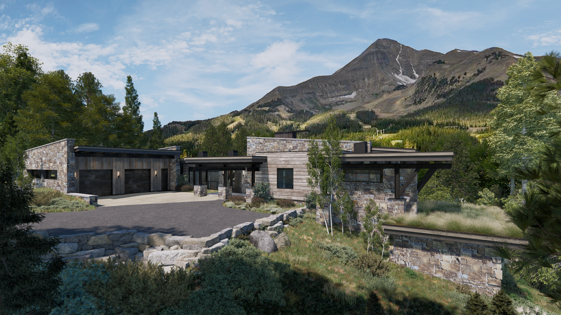 An artist 's impression of a house in the mountains with a mountain in the background.