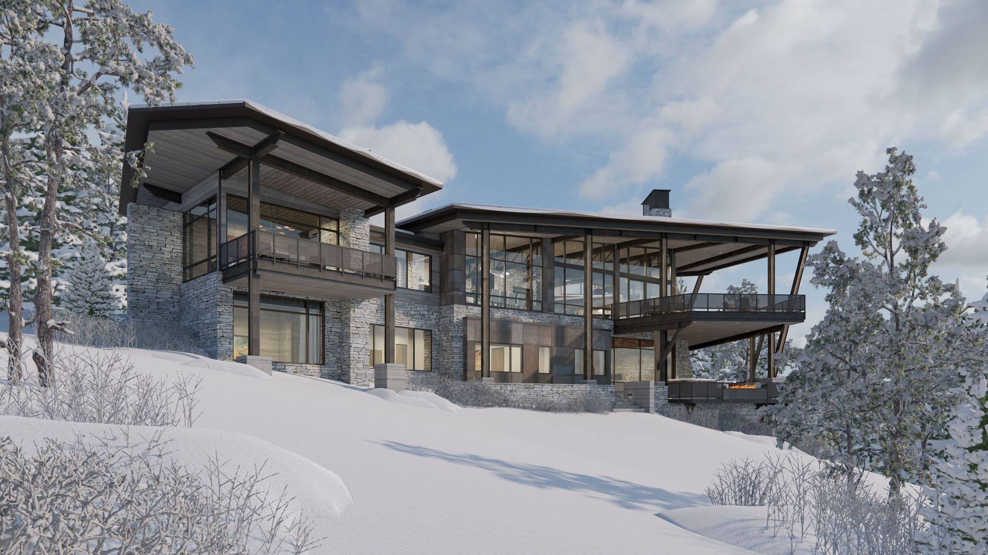 A large house is sitting on top of a snow covered hill.