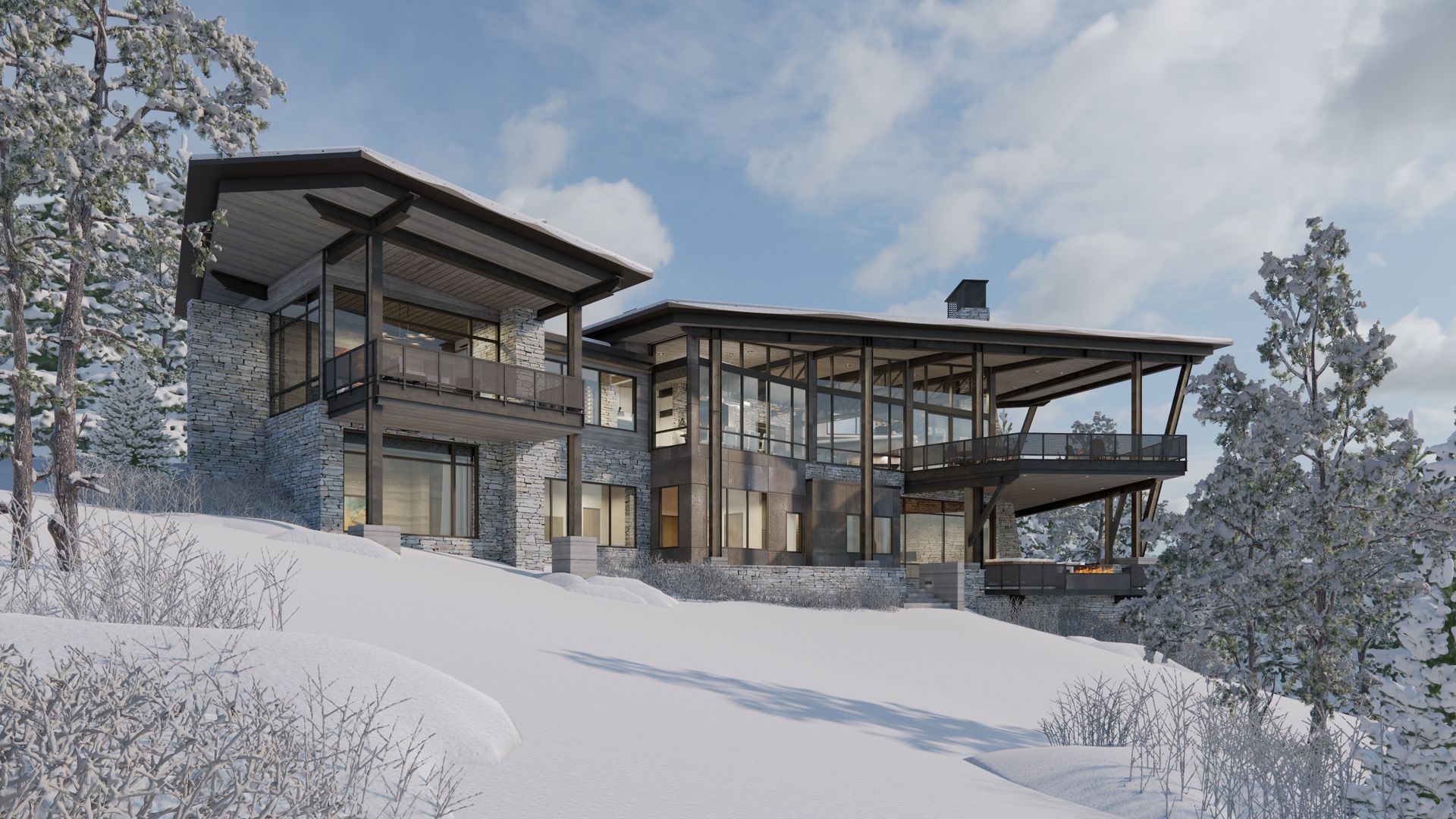 A large house is sitting on top of a snow covered hill.