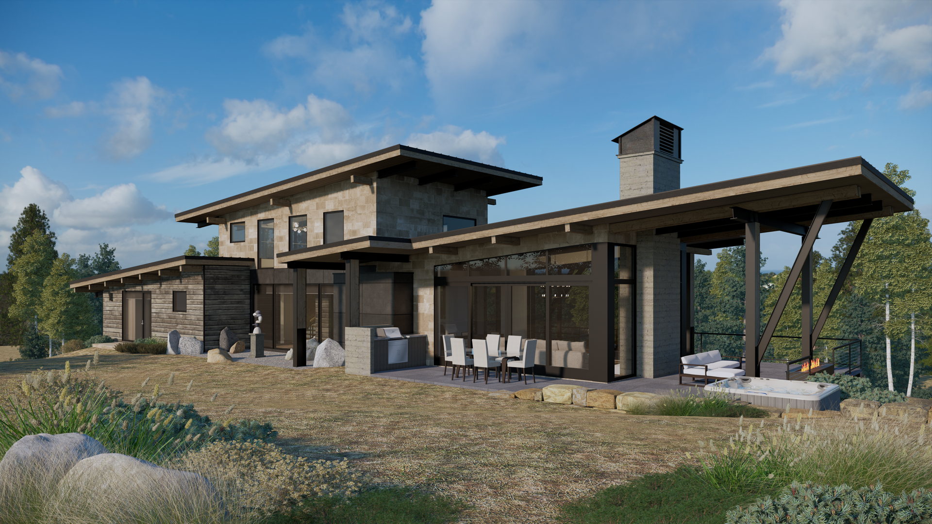 A large house is sitting on top of a hill in the middle of a field.