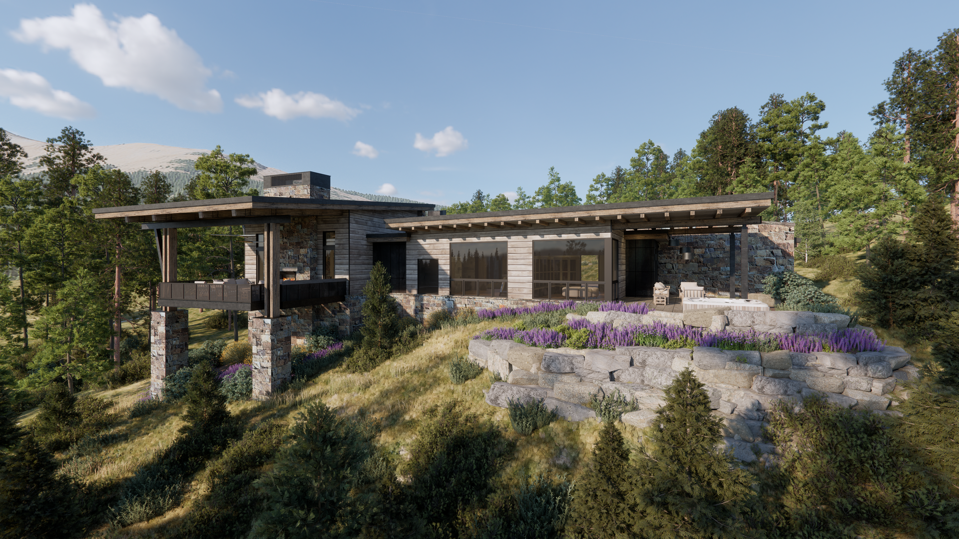 A large house is sitting on top of a hill surrounded by trees.