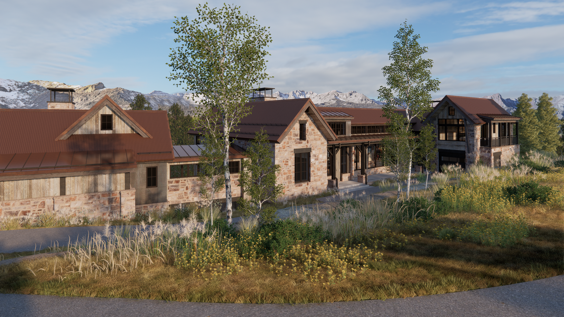 A group of houses are sitting next to each other in a field.