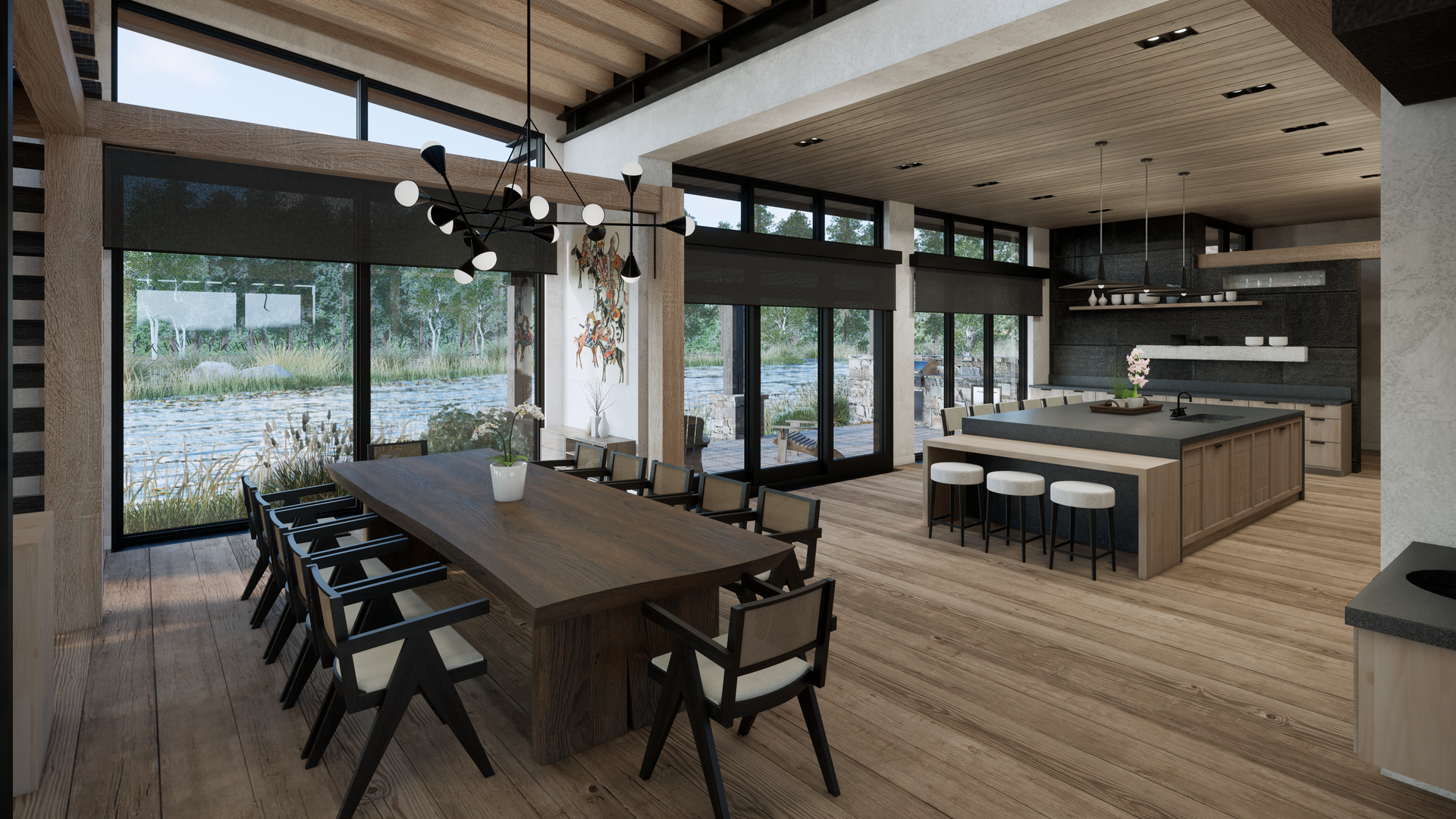 An artist 's impression of a dining room and kitchen in a house.