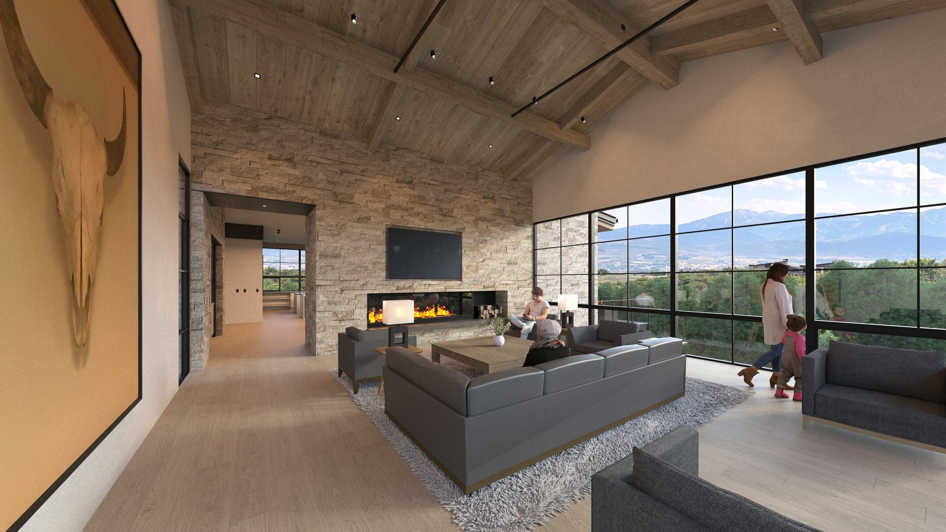 A living room with a fireplace and a lot of windows