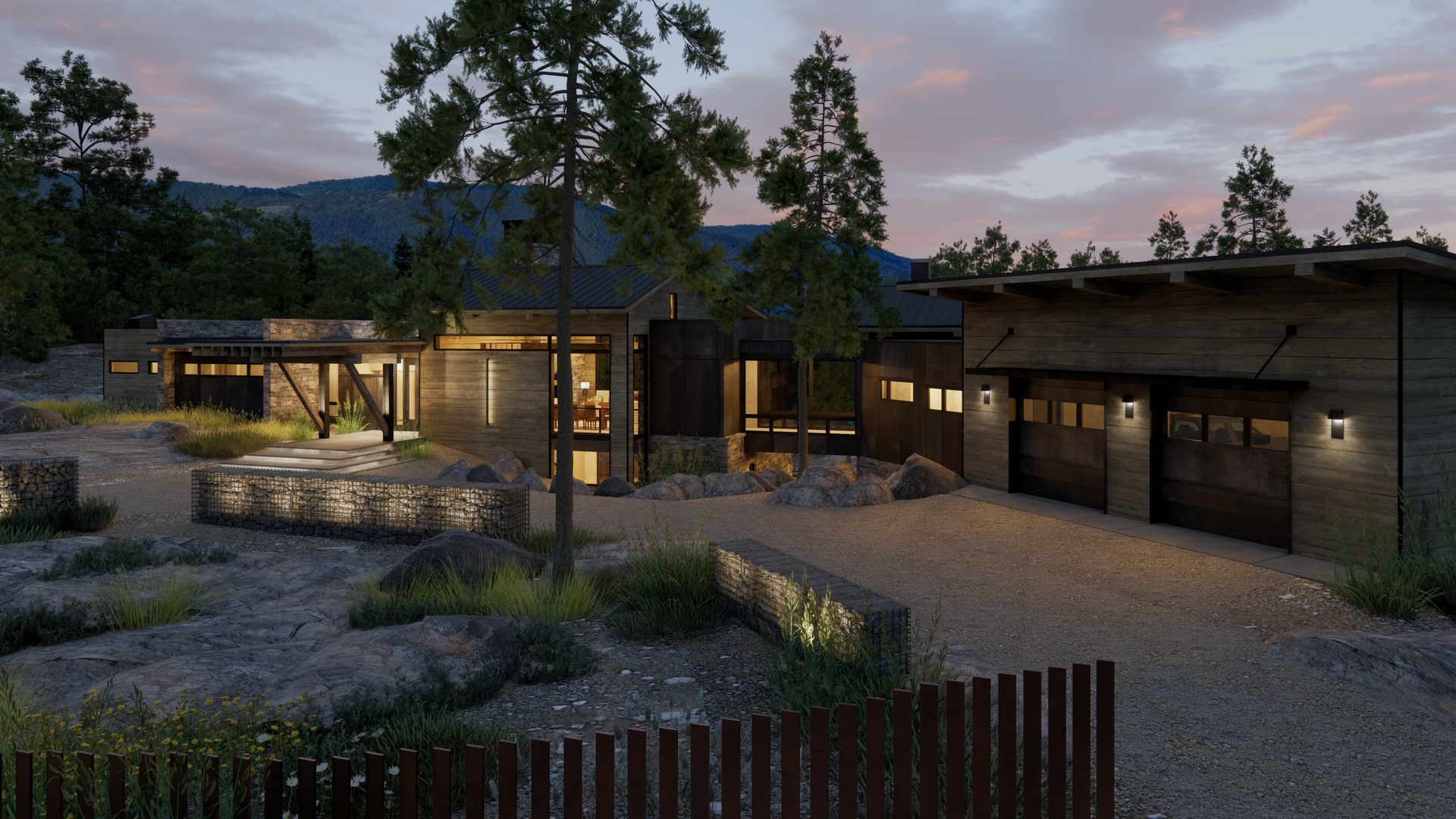A house with a garage and a driveway is surrounded by trees.