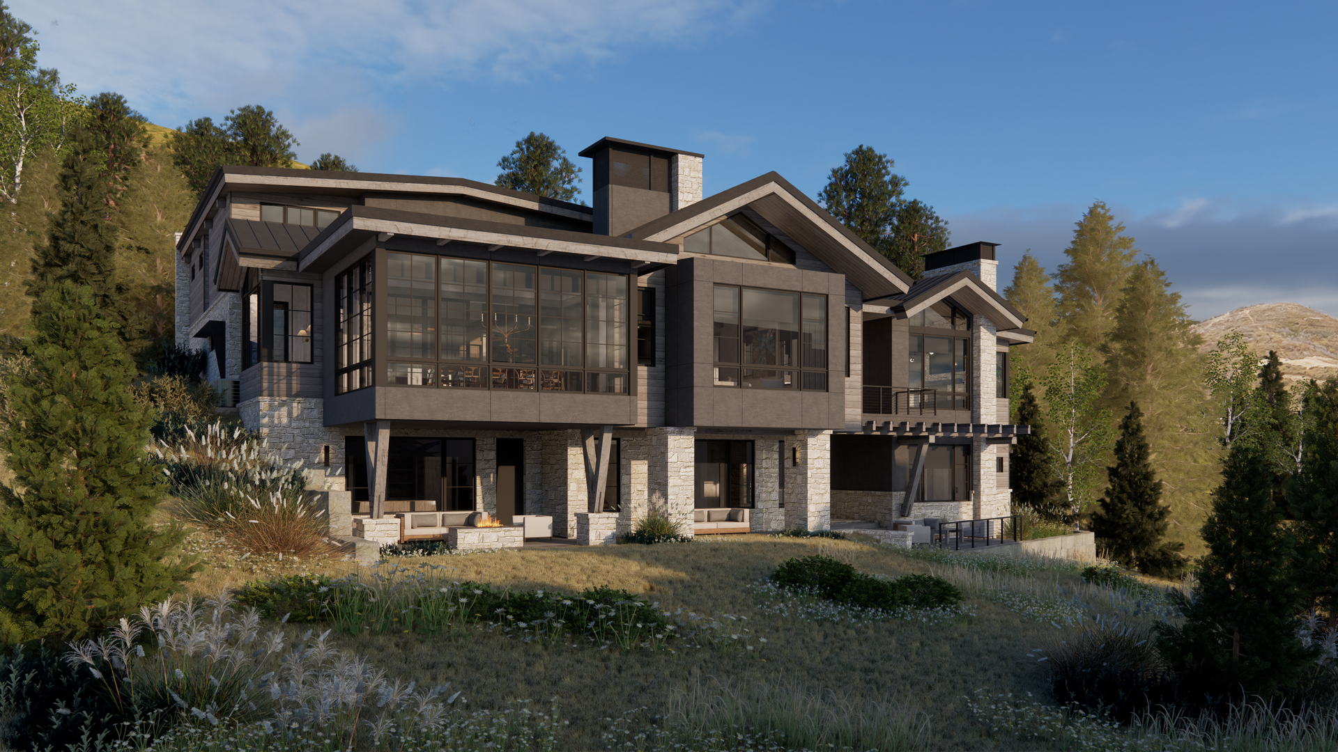 A large house is sitting on top of a hill surrounded by trees.