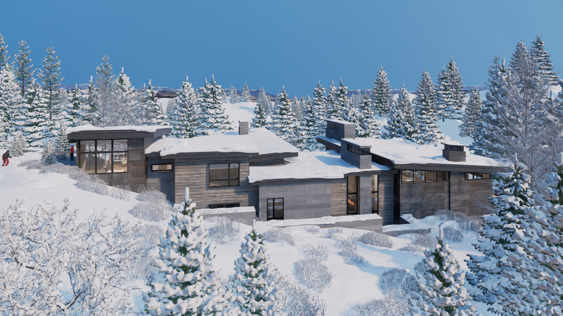 A large house is sitting on top of a snow covered hill surrounded by snow covered trees.