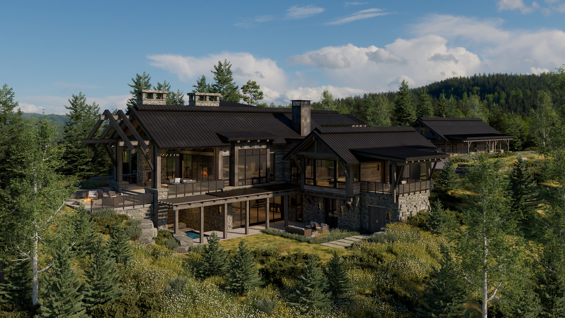 A large house is sitting on top of a hill surrounded by trees.