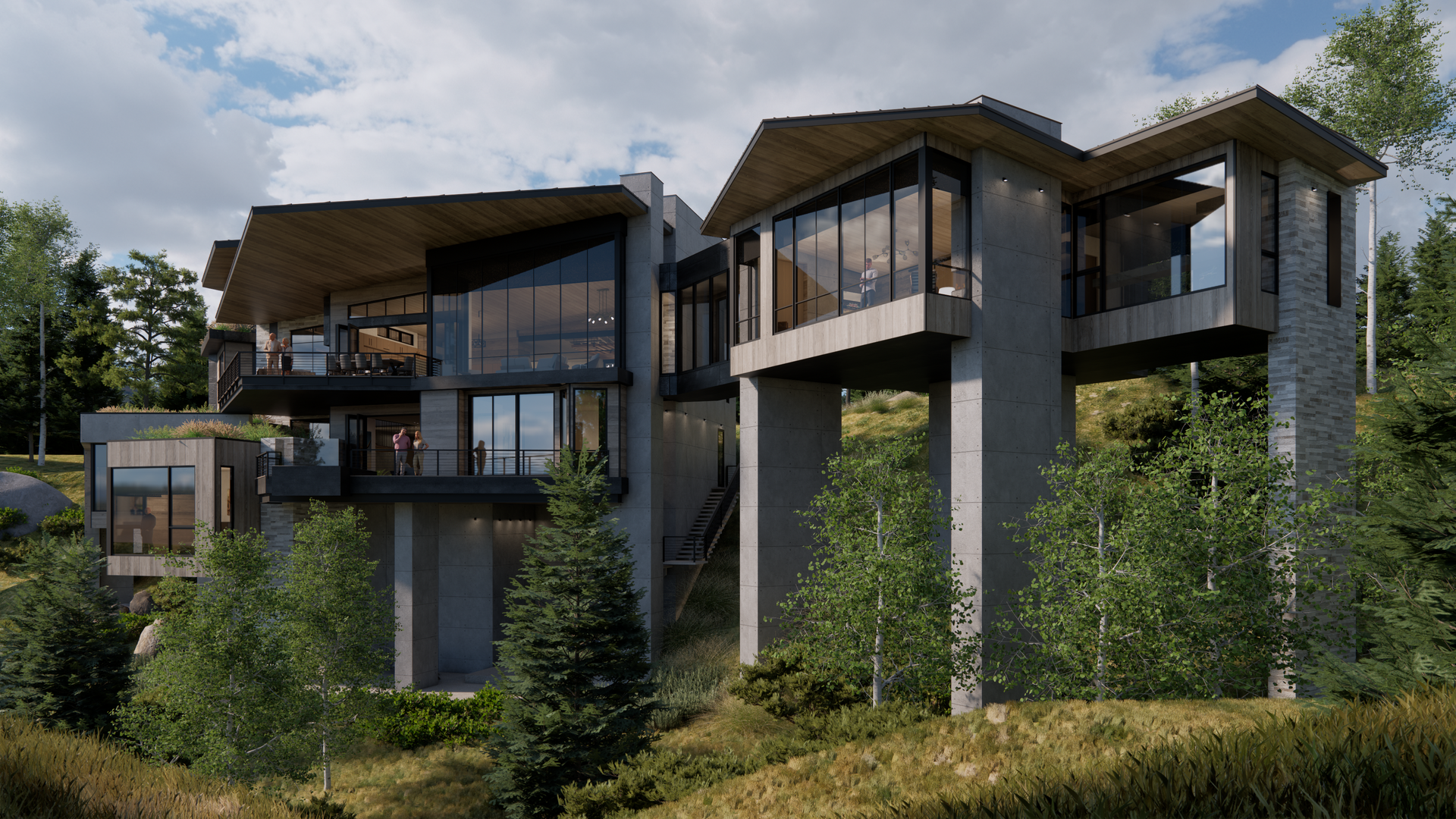 A large house is sitting on top of a hill surrounded by trees.