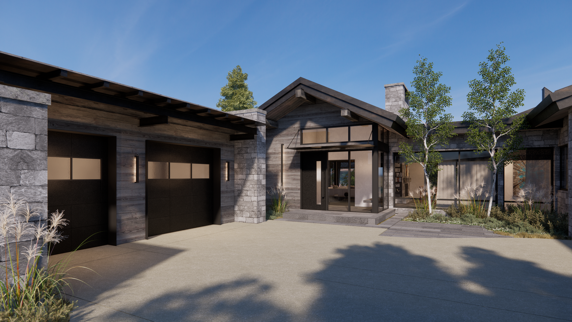 An artist 's impression of a house with a garage and a driveway.