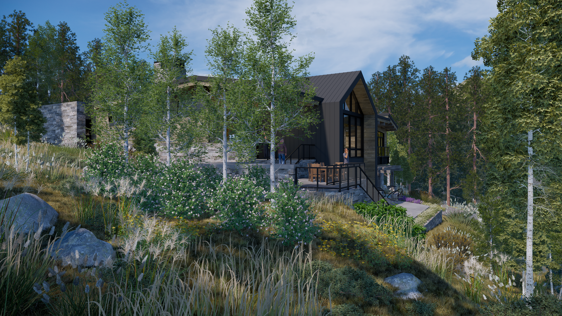 A house is sitting on top of a hill in the middle of a forest.