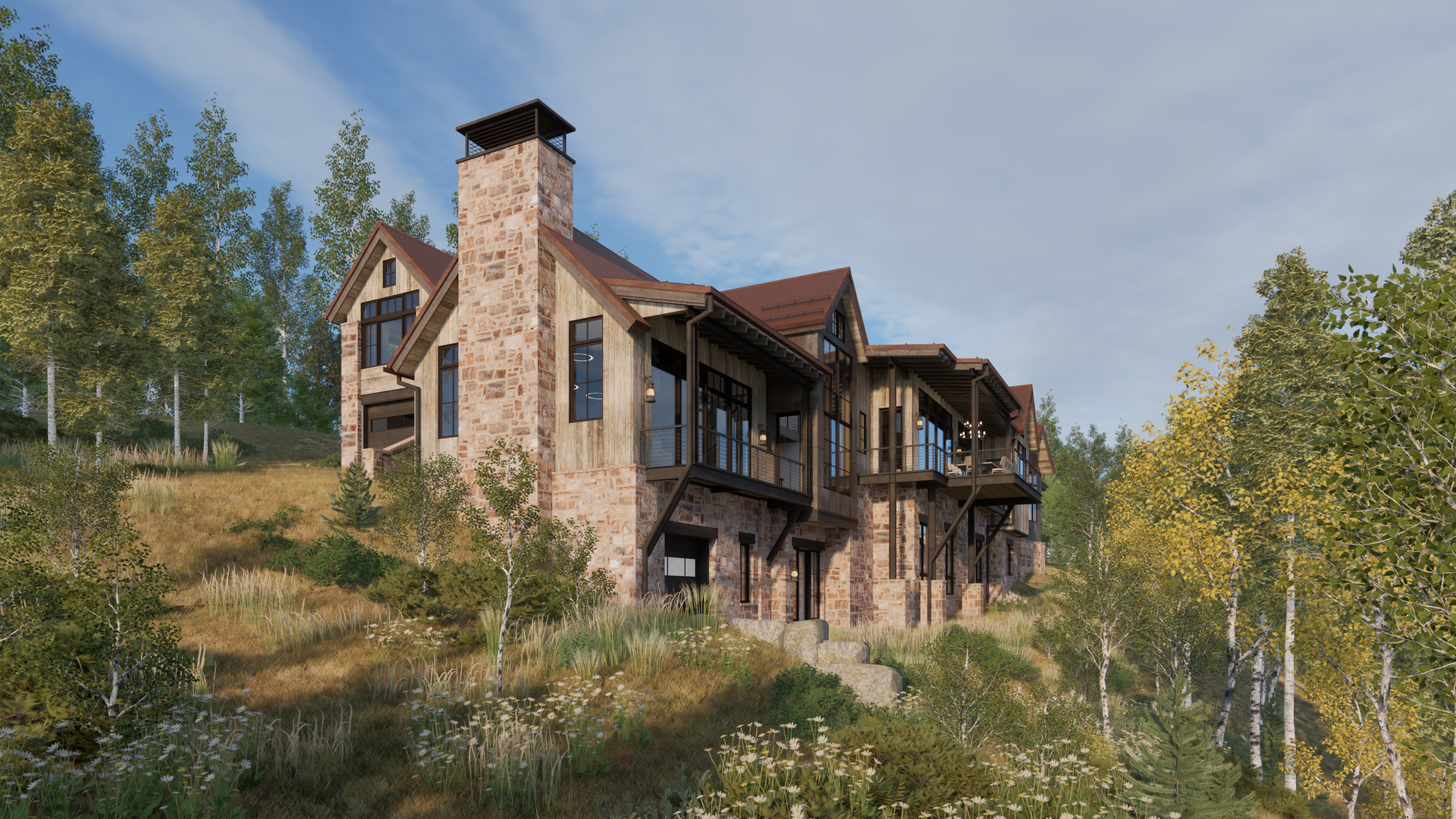 A large house is sitting on top of a hill in the middle of a forest.