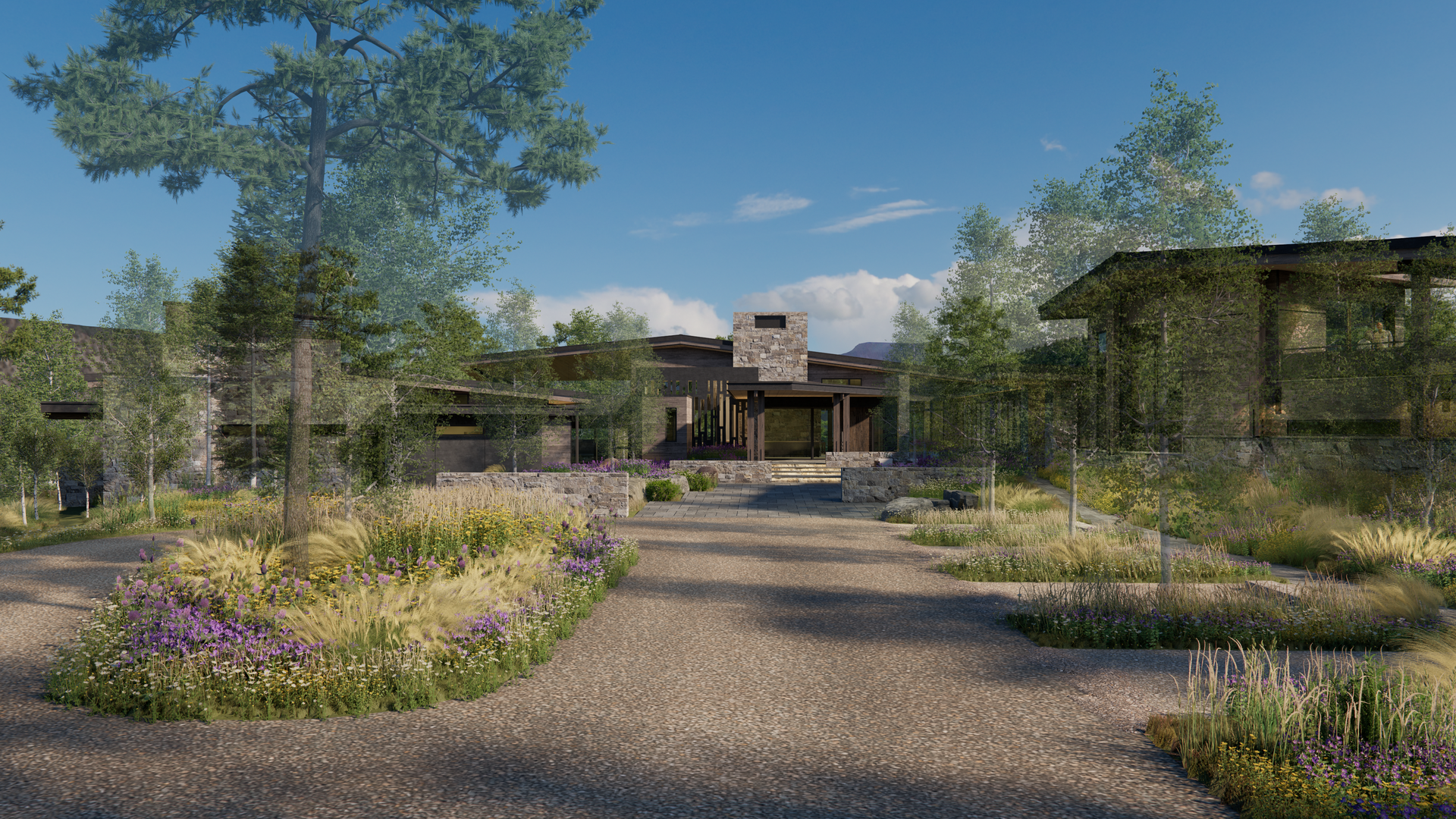 An artist 's impression of a large house surrounded by trees and flowers.