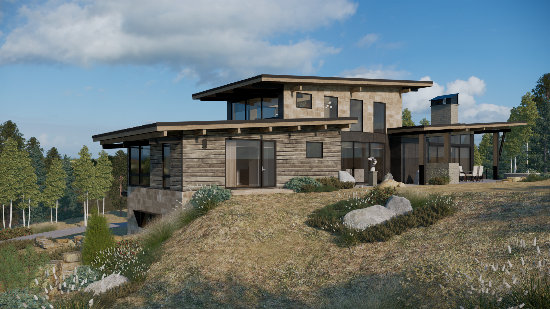 A large house is sitting on top of a hill surrounded by trees.