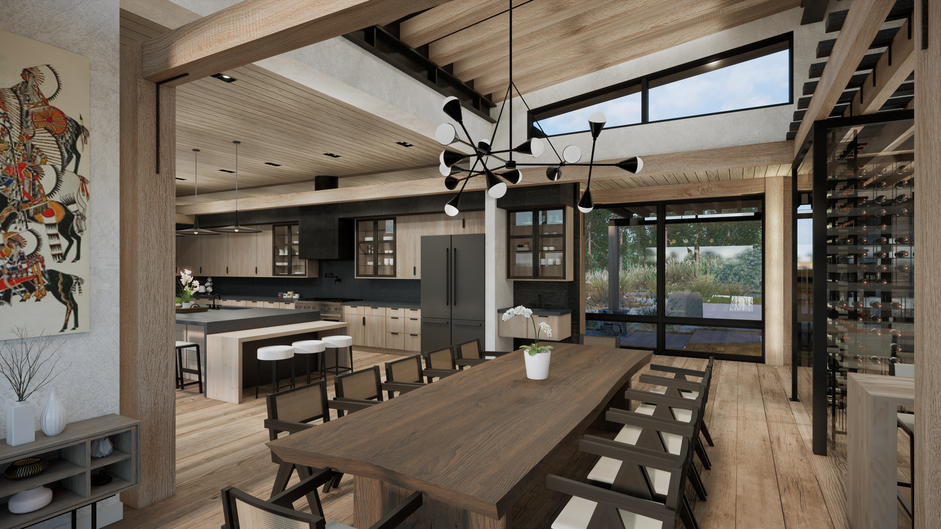 An artist 's impression of a dining room with a long wooden table and chairs.