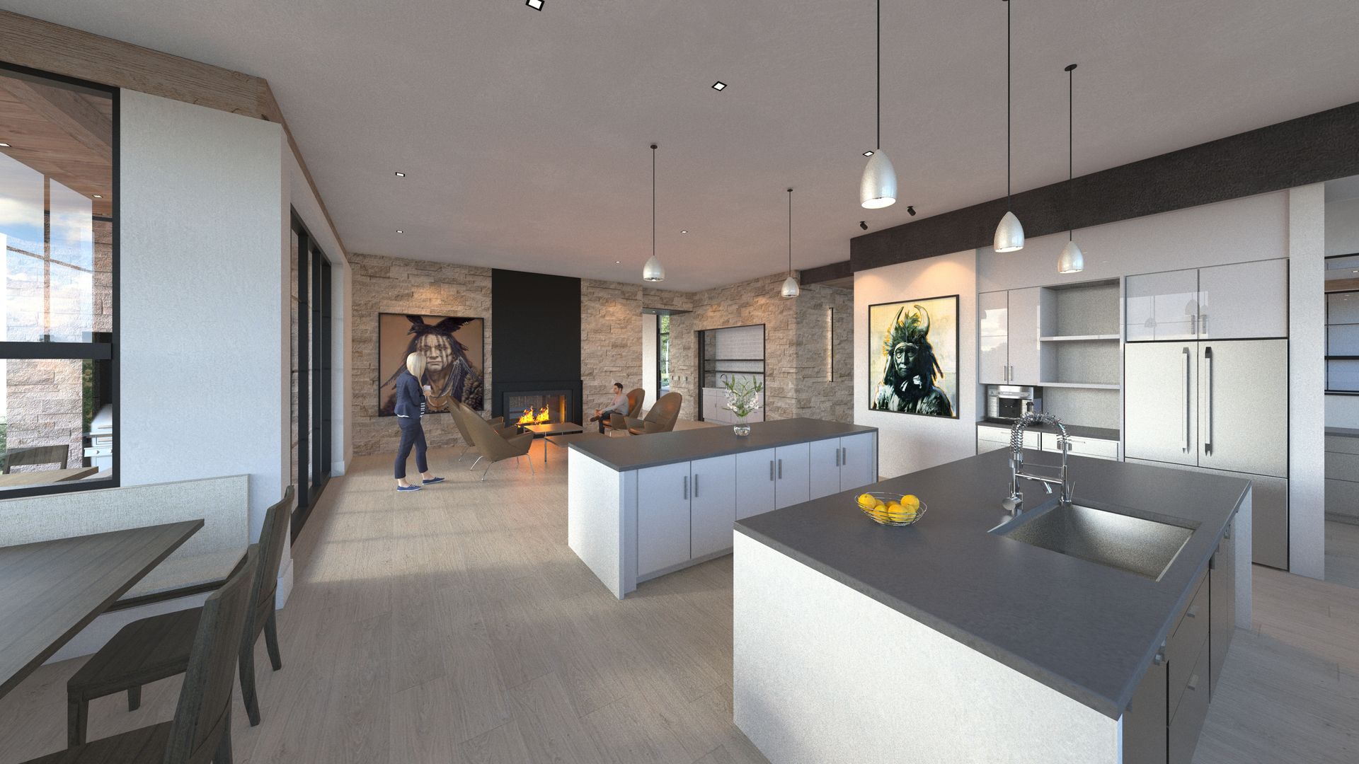 An artist 's impression of a kitchen and living room in a house.