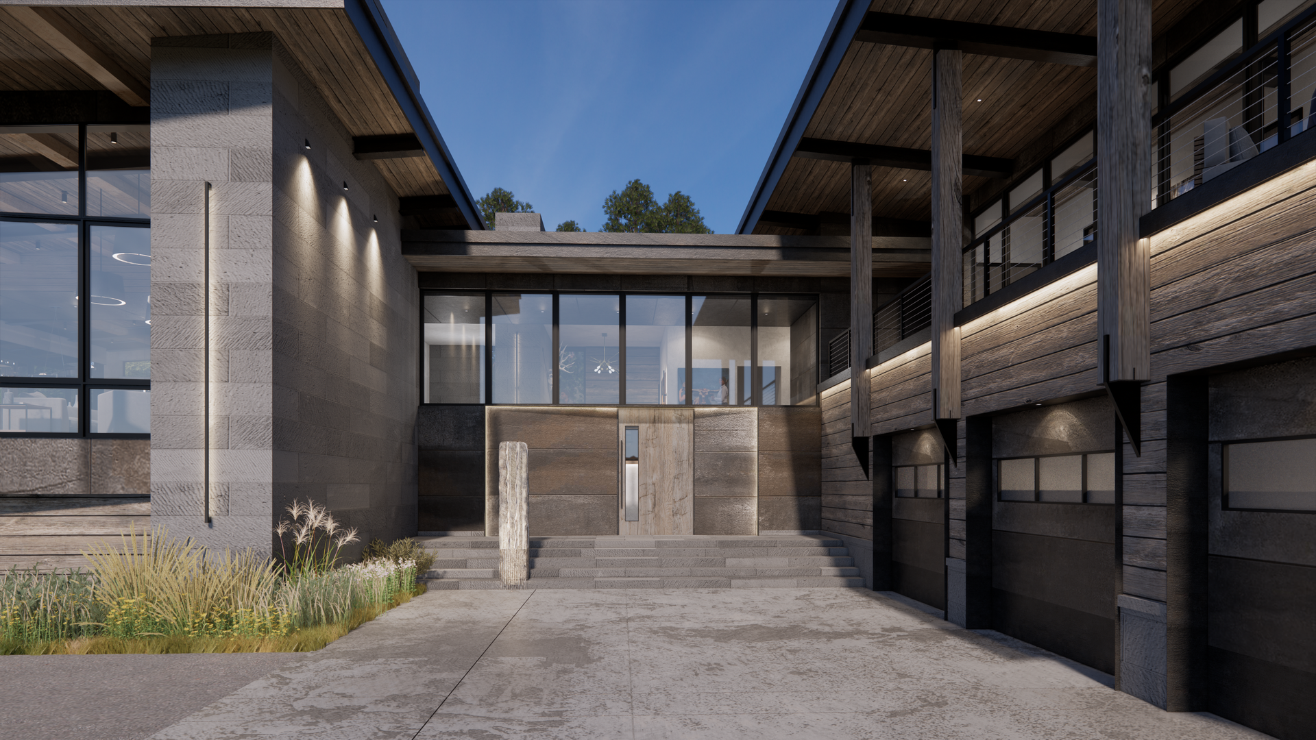 An artist 's impression of a modern house with a lot of windows and garages.