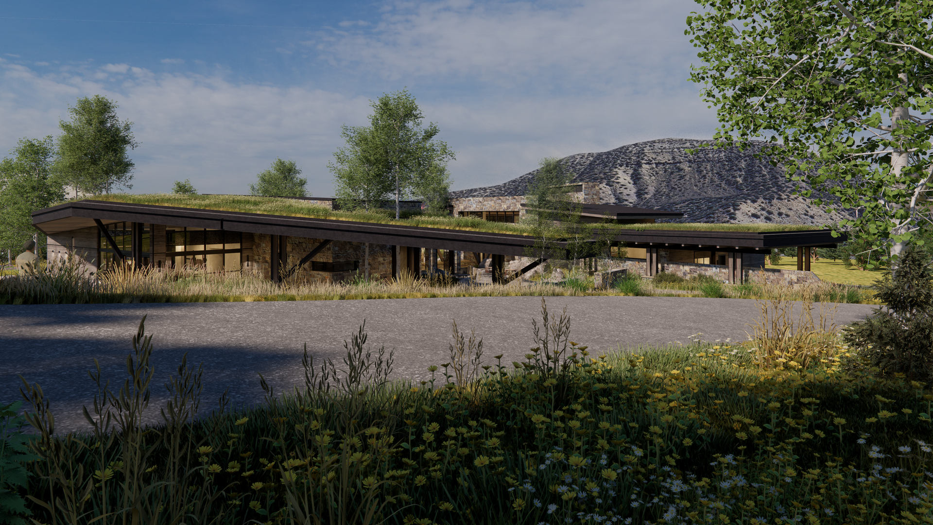 An artist 's impression of a house with a green roof in the middle of a field.