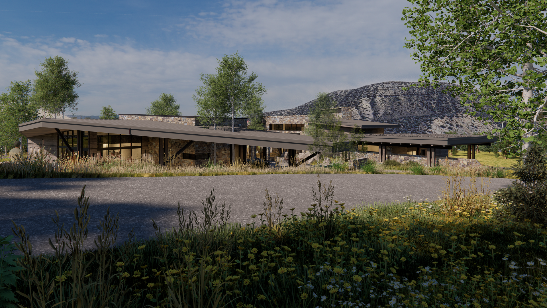 A large house is sitting in the middle of a field surrounded by trees and grass.