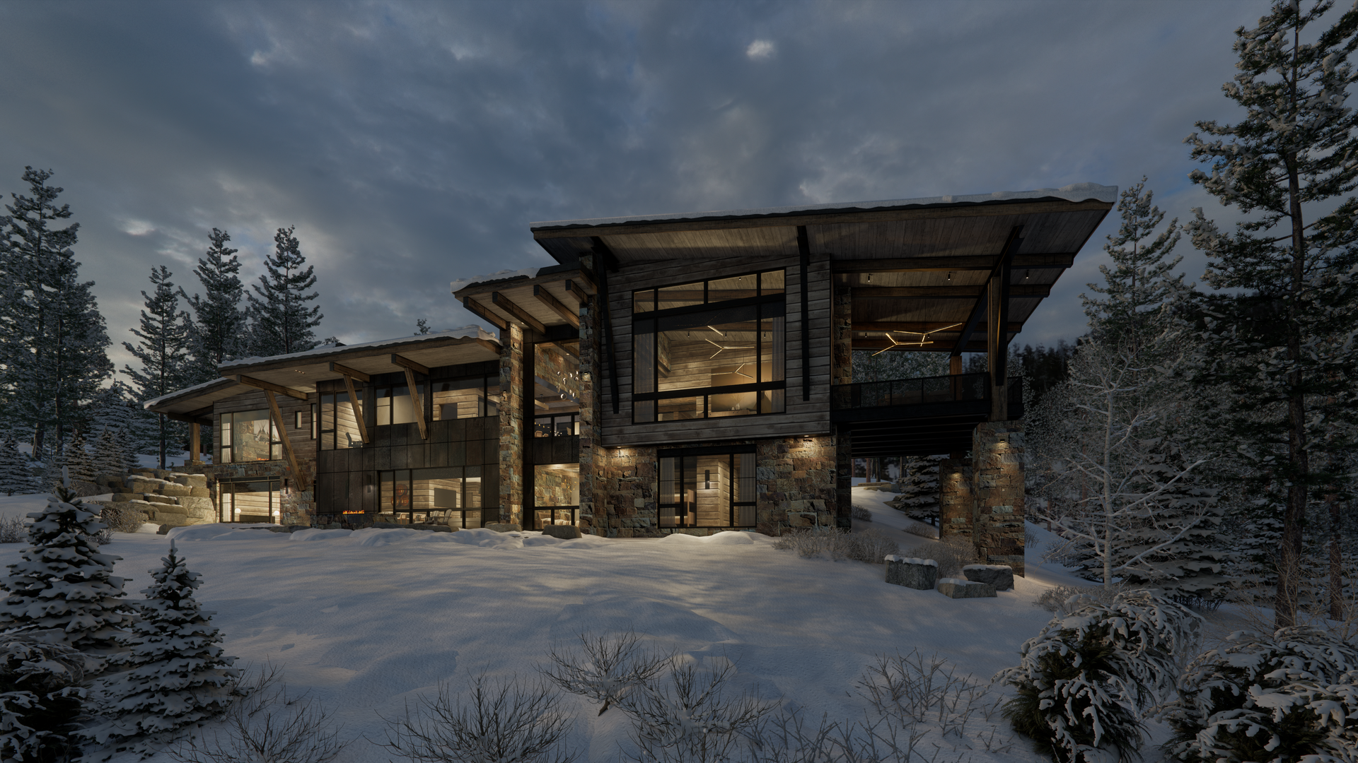 An artist 's impression of a large house in the middle of a forest.