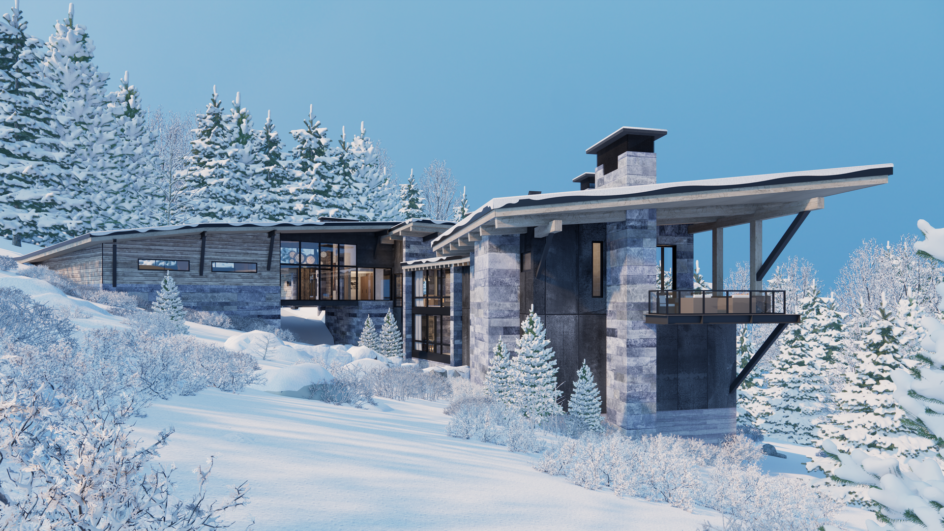 A large house is sitting on top of a snow covered hill surrounded by snow covered trees.