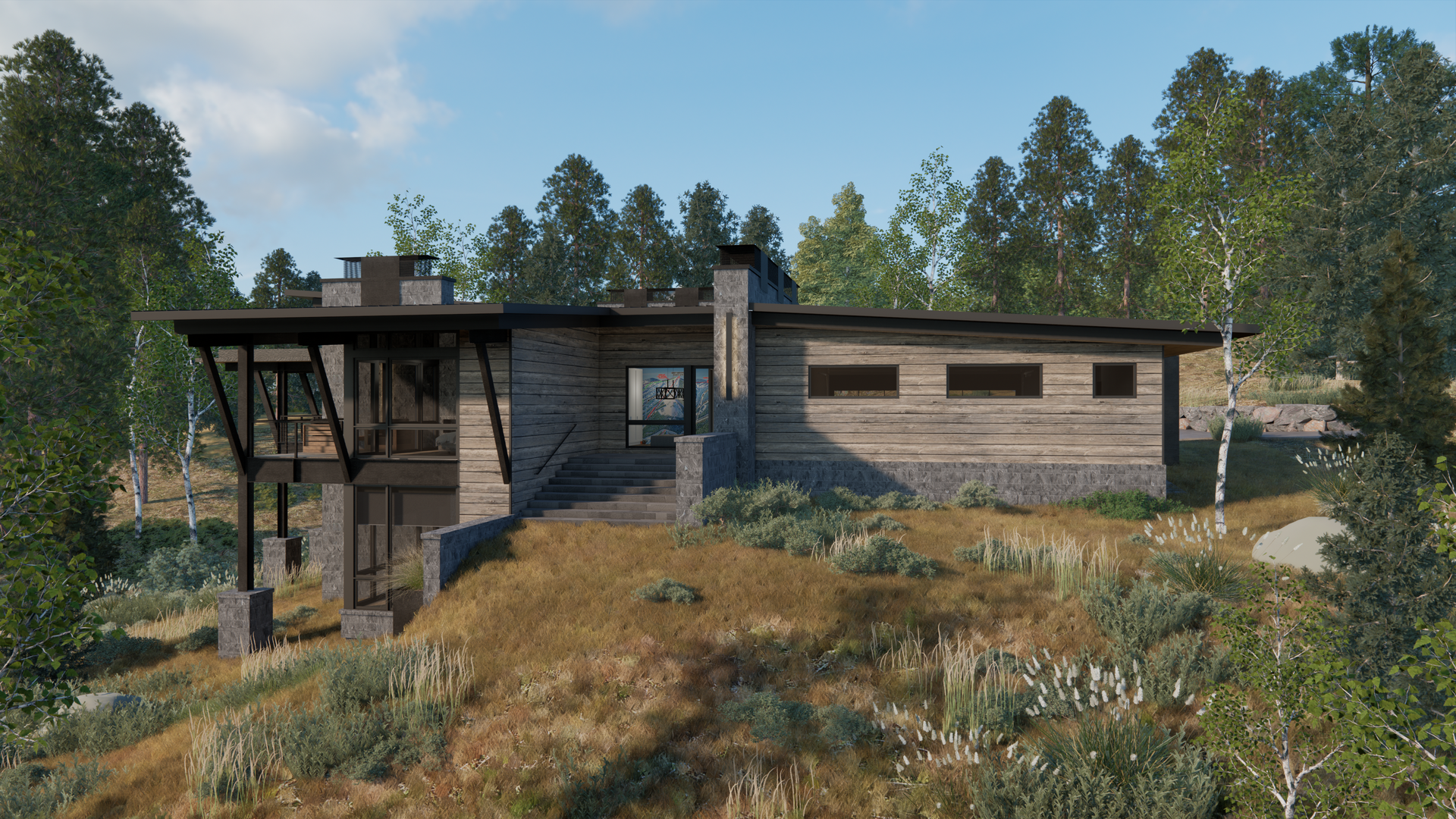 A house is sitting on top of a hill surrounded by trees.