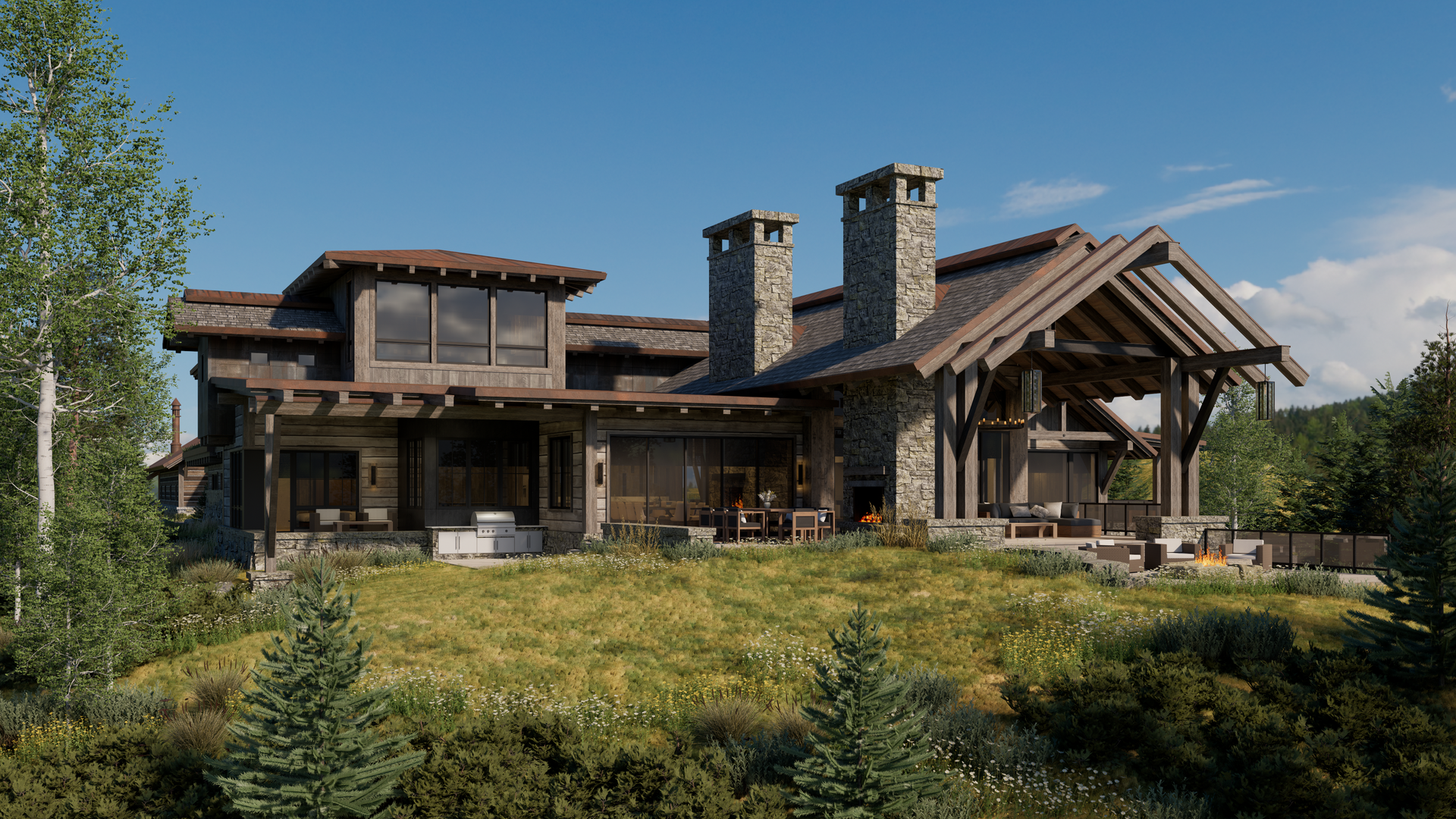 A large house is sitting on top of a grassy hill surrounded by trees.