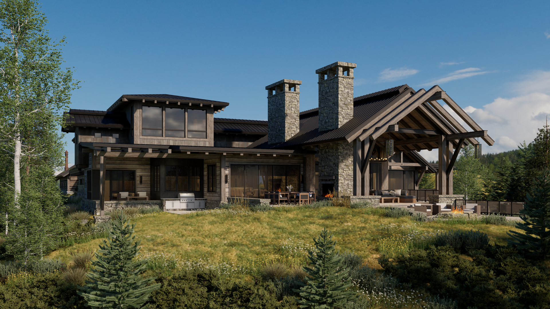 A large house is sitting on top of a grassy hill surrounded by trees.