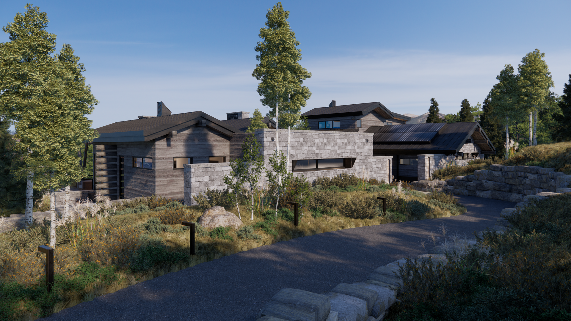 A large house is sitting on top of a hill surrounded by trees and grass.