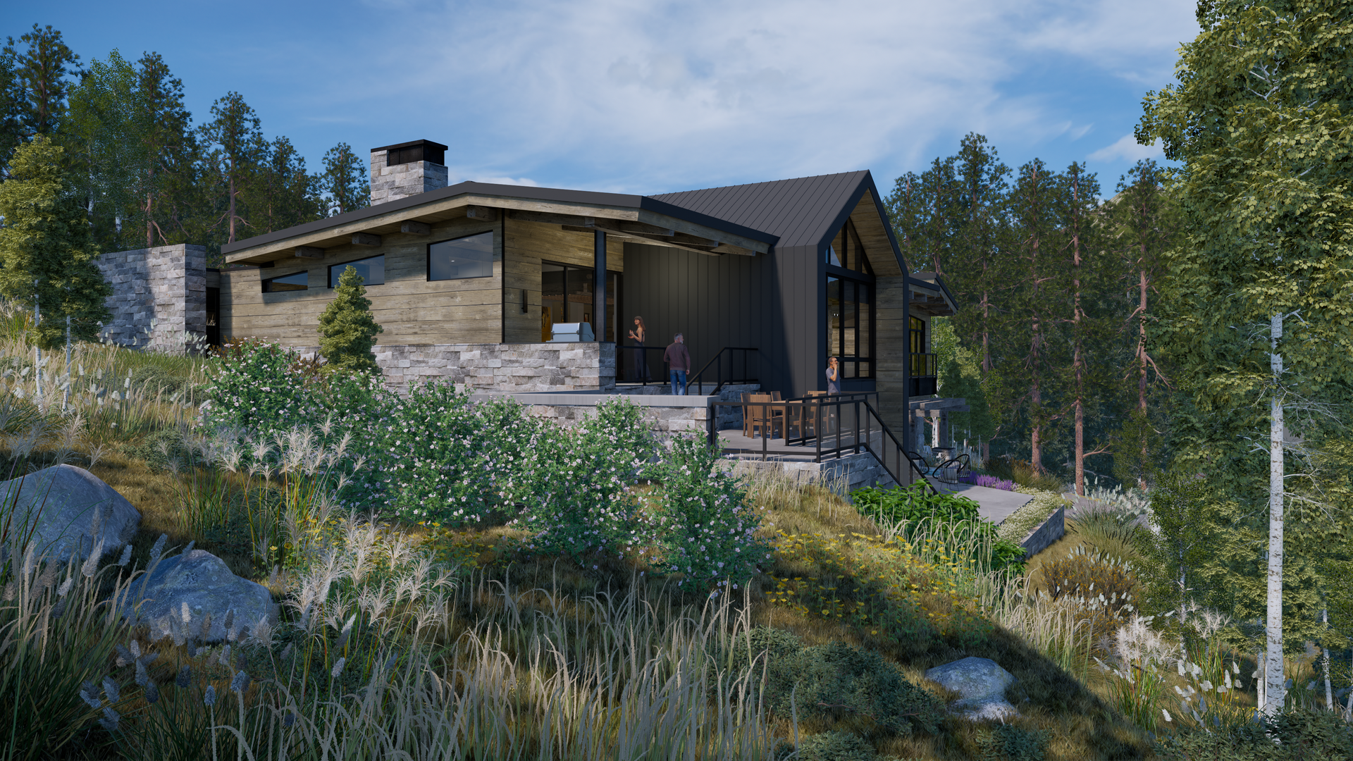 A house is sitting on top of a hill in the middle of a forest.