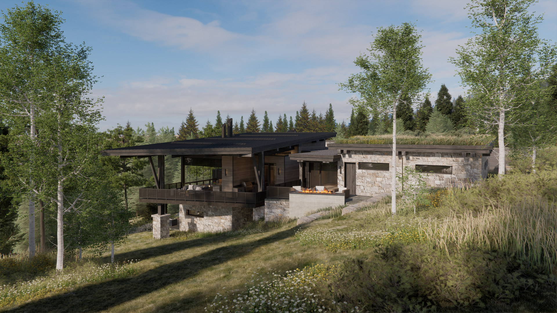 A house is sitting on top of a grassy hill surrounded by trees.