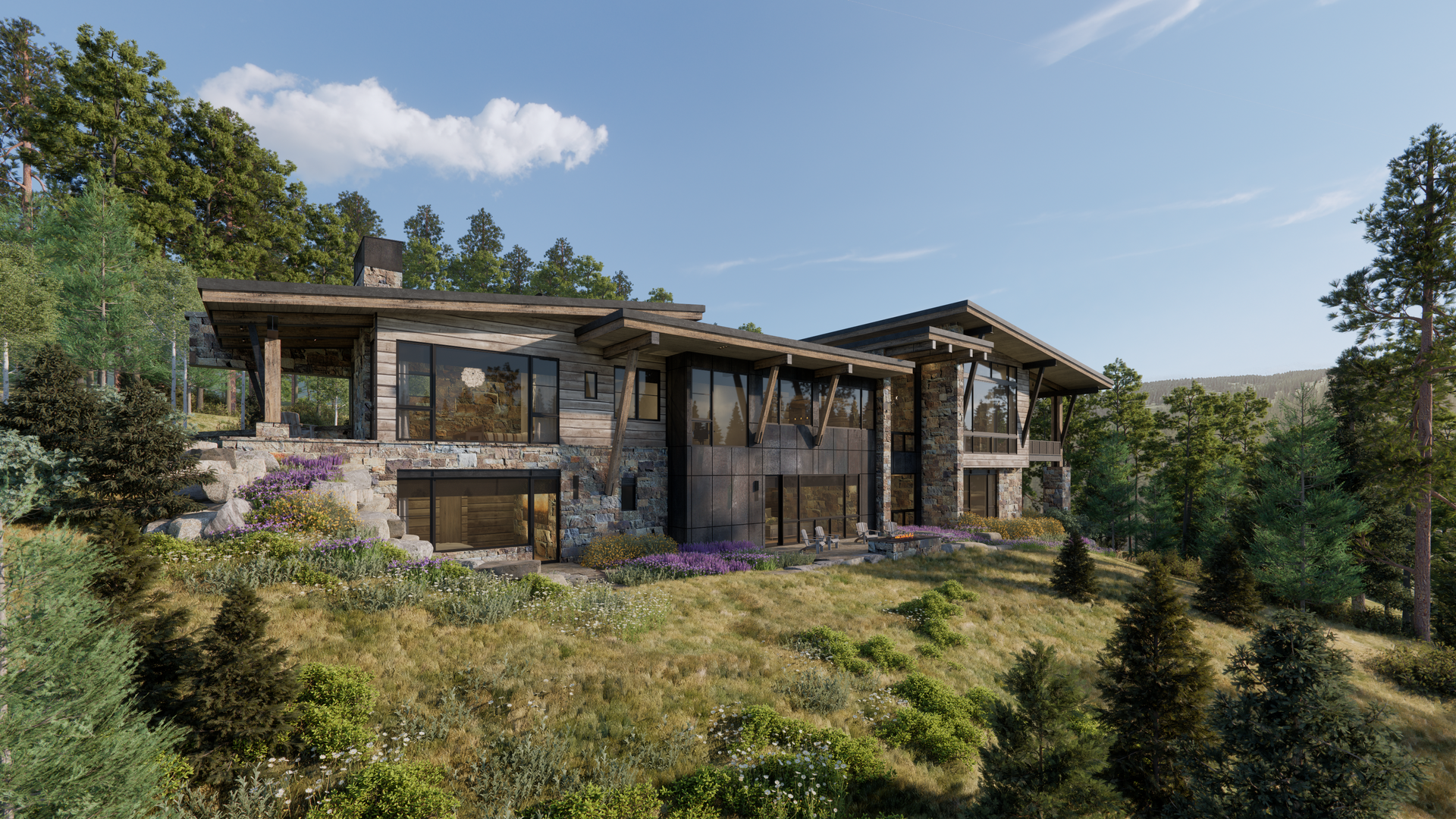 A large house is sitting on top of a hill surrounded by trees.